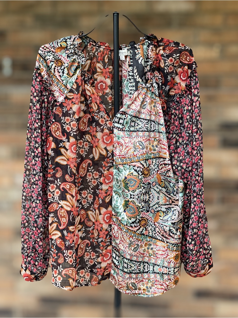 Umgee 1XL Mixed Floral Paisley Patchwork Sheer Boho Blouse